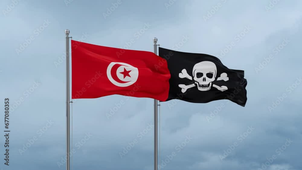 Tunisia flag and Jolly Roger or pirate flag waving together on cloudy sky, endless seamless loop Tunisia flag and Jolly Roger or pirate flag waving together on cloudy sky, endless seamless loop