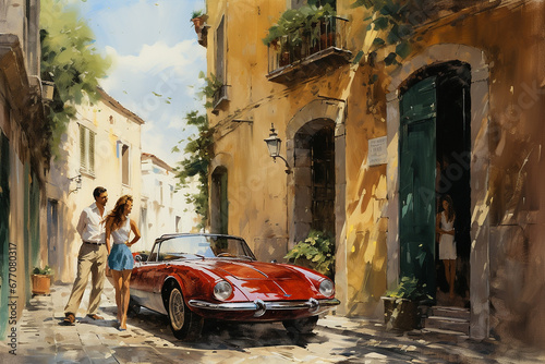 Retro car and couple on an ancient street in a Mediterranean city. Art painting watercolor painting.