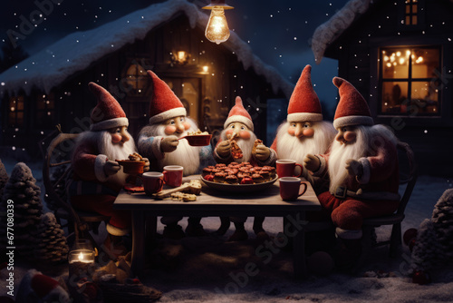 Gnomes gathered around a table, enjoying hot cocoa with marshmallows, cookies, and other winter treats in a cozy and inviting setting.
