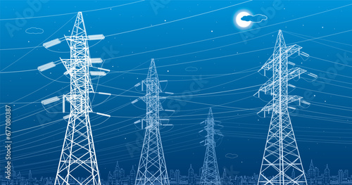 High voltage transmission systems. Electric pole. Power lines. A network of interconnected electrical. Energy pylons. City electricity infrastructure. White otlines on blue background. Vector design