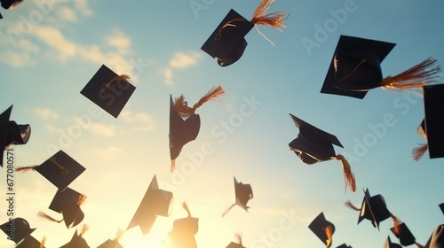 University, high school graduates throw their square academic tudor bonnet cap into air graduation ceremony. Students Celebration of a MBA bachelor and master academic degree. Happy people end study. photo