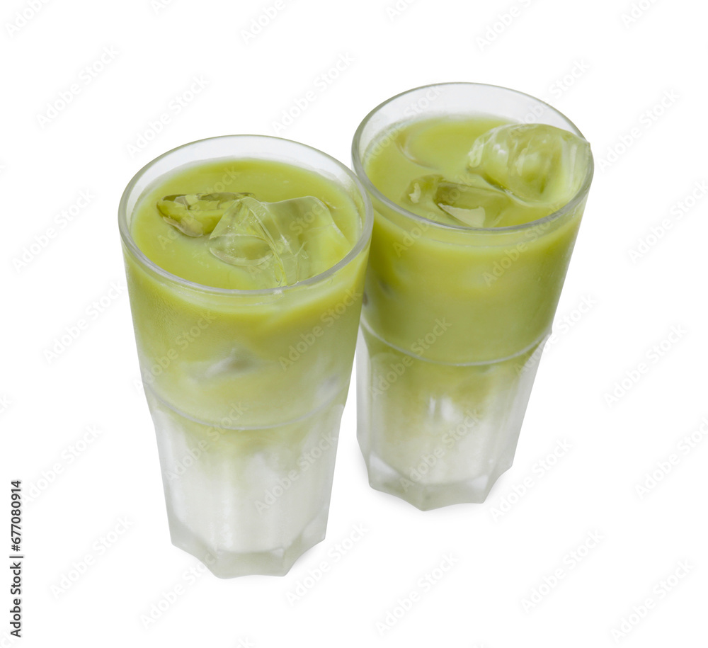 Glasses of tasty iced matcha latte isolated on white Glasses of tasty iced matcha latte isolated on white