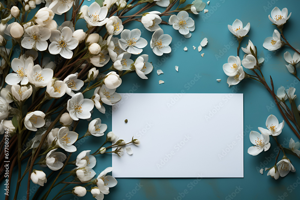 mockup square white blank card sheet of paper with white dahlia flowers and leaves on blue wooden background mockup square white blank card sheet of paper with white dahlia flowers and leaves on blue wooden background