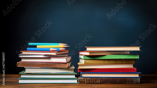 Stack of books on the background of the school blackboard