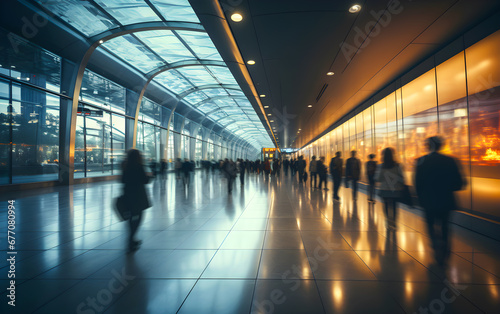 Crowd of business people walking in office lobby fast moving with blurry