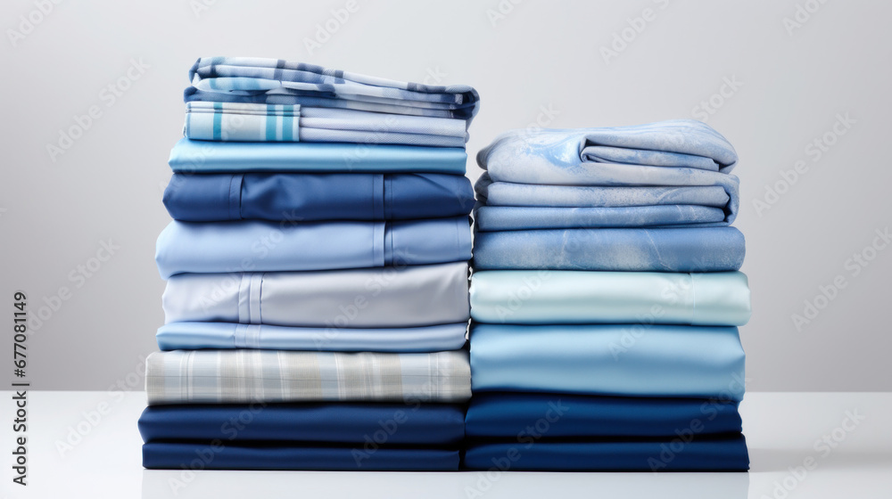 Folded clothes in stacks of various simple blue placed on a table on a light background