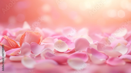 Pink roses petals on a golden bokeh background. © tashechka