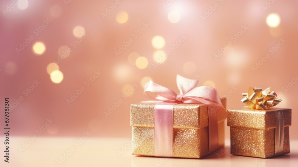 Golden gift present on a light pink background with colorful bokeh and stars glittering Golden gift present on a light pink background with colorful bokeh and stars glittering