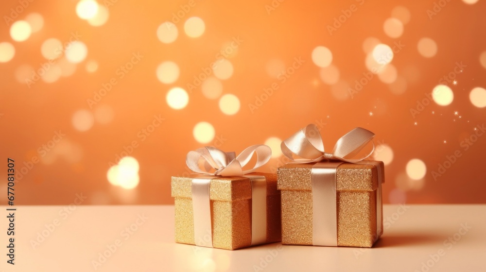 Golden gift presents on a light orange background with colorful bokeh and stars glittering Golden gift presents on a light orange background with colorful bokeh and stars glittering