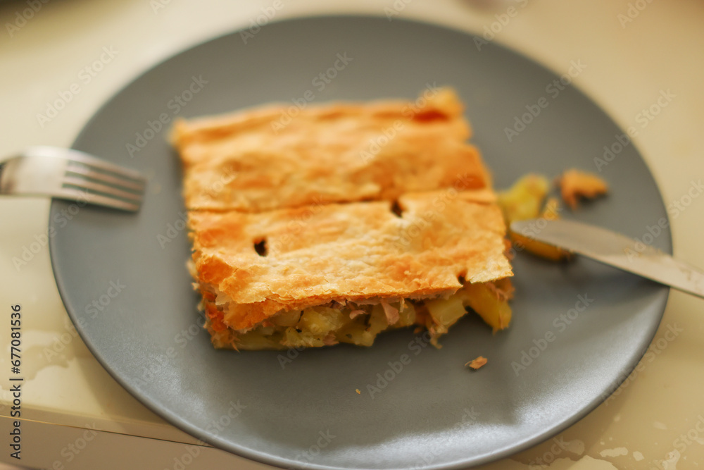 Homemade chicken meat pie with potatoes, apples and chanterelles on rustic wooden background. Piece of pie on a wooden plate Homemade chicken meat pie with potatoes, apples and chanterelles on rustic wooden background. Piece of pie on a wooden plate