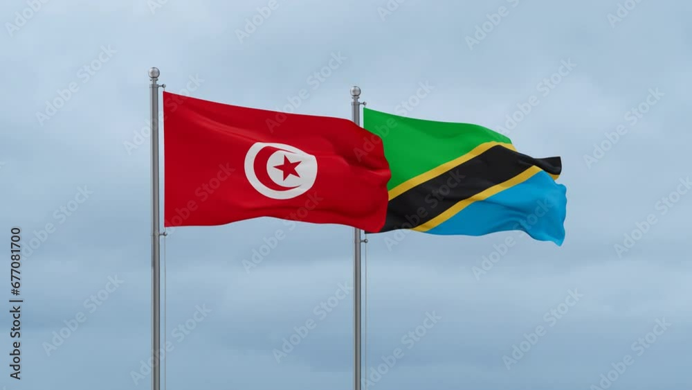 Tanzania and Tunisia flag waving together on cloudy sky, endless seamless loop, two country cooperation concept Tanzania and Tunisia flag waving together on cloudy sky, endless seamless loop, two country cooperation concept