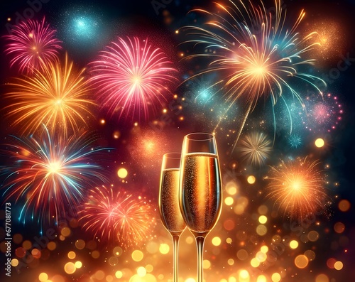 Celebration background with two glasses of champagne and fireworks.