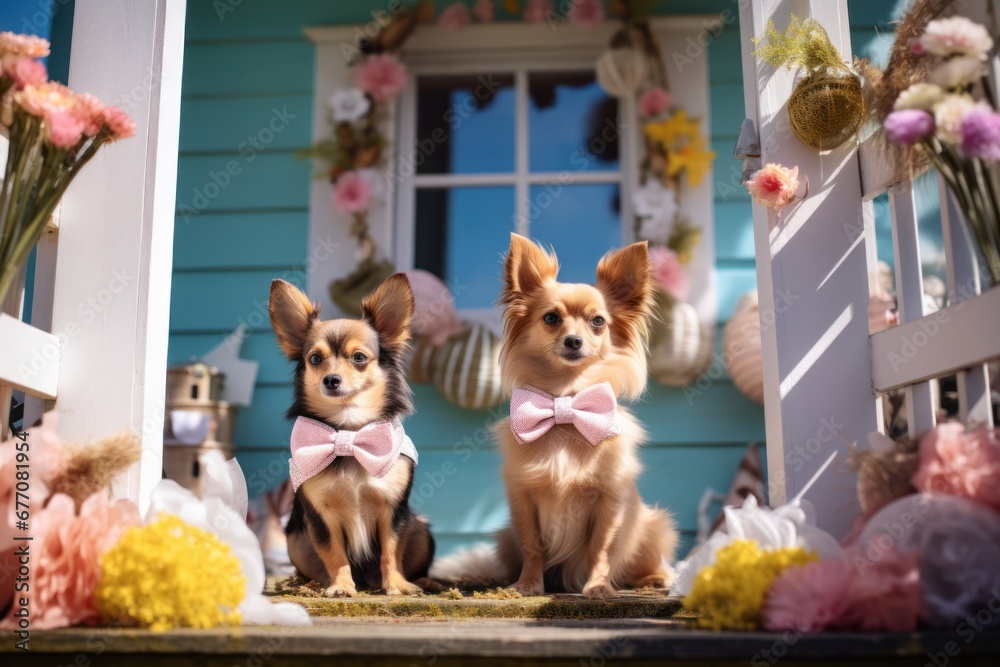 Two lovely dogs sitting outdoors on a decorated porch, springtime and easter time.