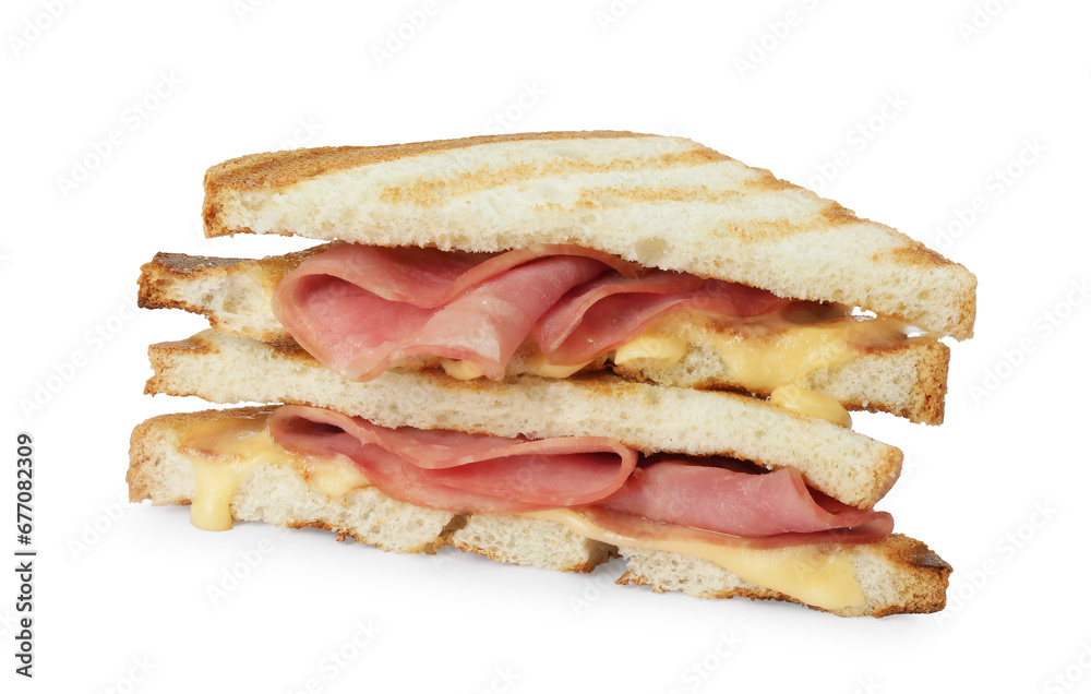 Tasty sandwiches with ham and melted cheese isolated on white Tasty sandwiches with ham and melted cheese isolated on white