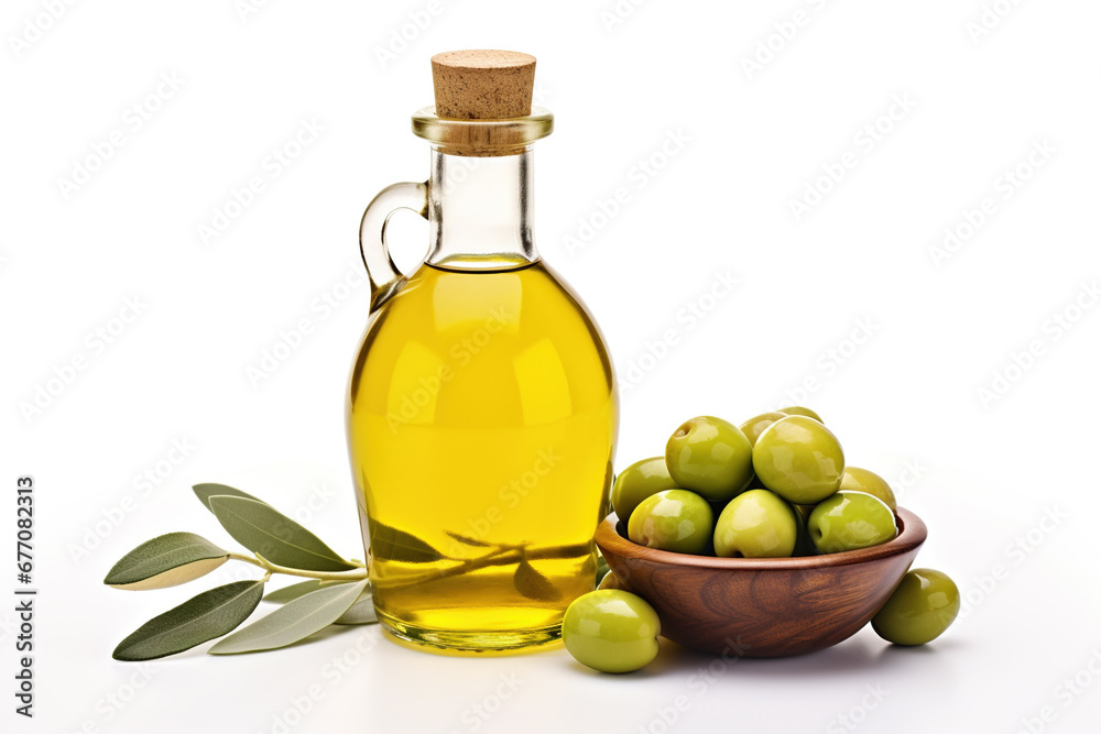Green natural olives with bottle of olive oil isolated on a white background Green natural olives with bottle of olive oil isolated on a white background