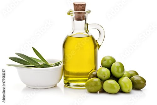 Green natural olives with bottle of olive oil isolated on a white background