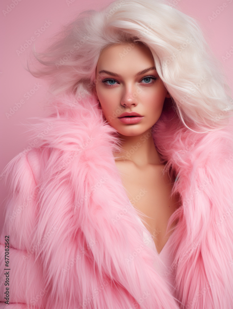 Woman in pink fur with voluminous blonde hair.