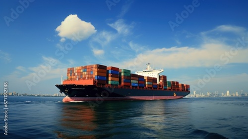 Container ship at sunset. Sea freight is one of the most important engines of the modern economy. AI generated image.