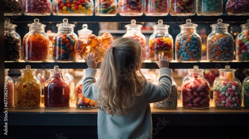 National Candy Month: An assortment of colorful candies displayed in a sweet shop window, with kids looking in