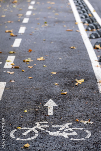 detail of bike lane and line of speed bumps