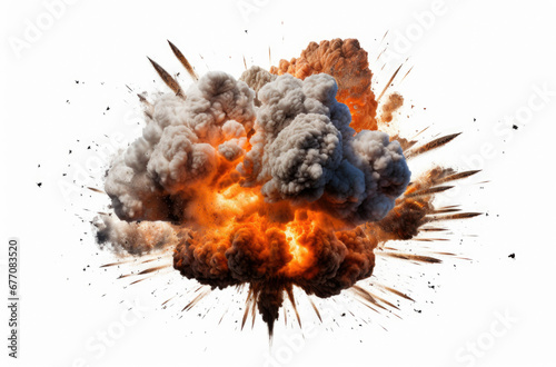 Extremely hot fiery explosion with sparks and smoke, against white background