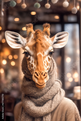Cute giraffe sits in a cozy cafe and drinks coffee.Warm knitted scarf.Cinematic lighting.Lonely waiting © vladnikon
