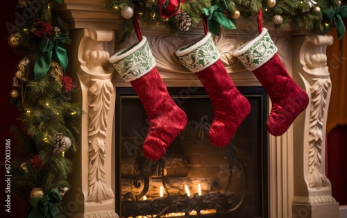 Christmas stocking on fireplace. Beautiful New Year room with decorated Christmas tree with the glowing lights at night.