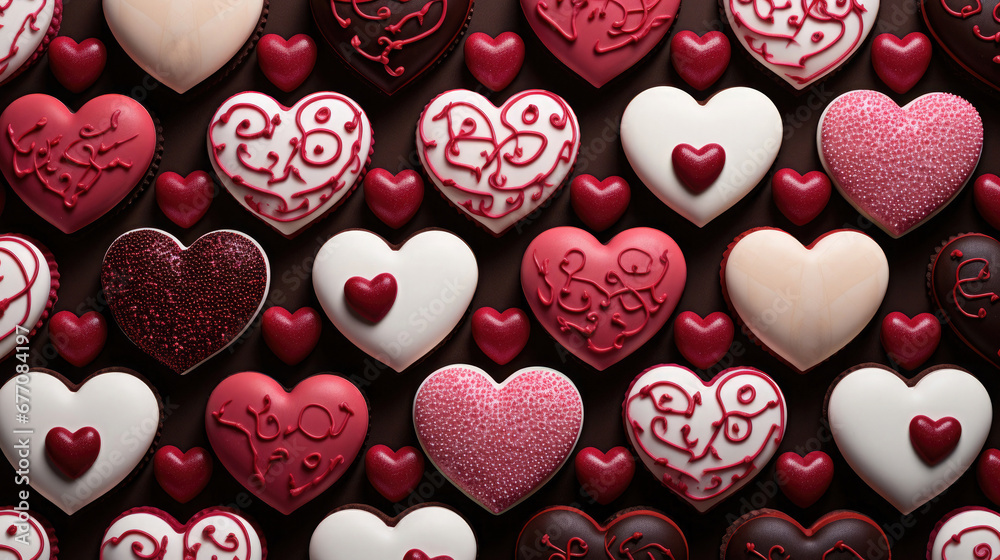 dessert cakes sweet hearts, red and pink, top view patern.Generative AI dessert cakes sweet hearts, red and pink, top view patern.Generative AI