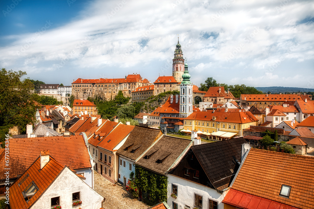 Obraz premium From Beautiful Cesky Krumlov in the Czech Republic, with the Tower of St Jost Church and the Castle Dominating the City