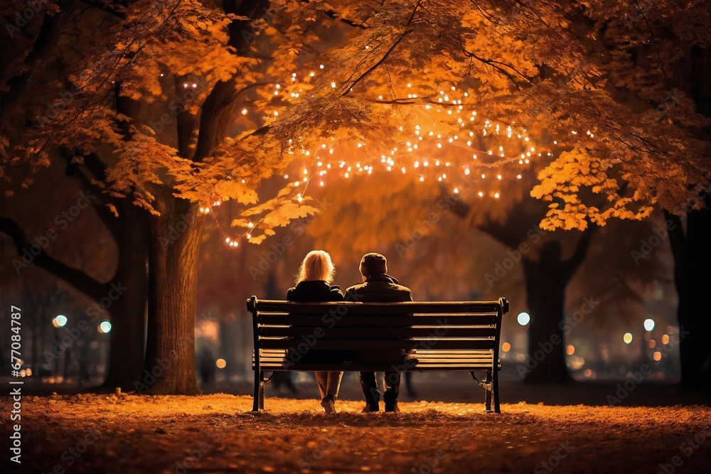 an elderly couple, a man and a woman, are sitting on a bench and enjoying the scenery, beautiful landscape at sunset, rear view - obrazy, fototapety, plakaty 