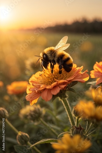 Flying honey bee over the yellow flower