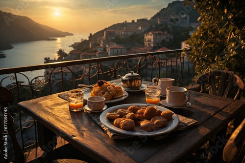 cup of coffee and french croissant on table, balcony with view of beautiful landscape, still life, sea and mountains, resort town, sunset