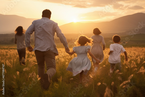 Happy family with two children holding hands of each other and running through wheat field at sunset.