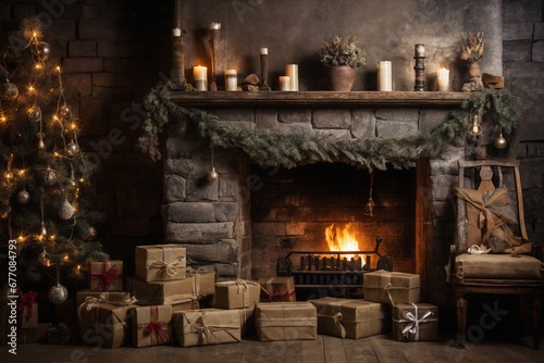 interior of house with burning fire in fireplace, decorated for Christmas or New Year holidays, gifts, Christmas tree, winter season © soleg