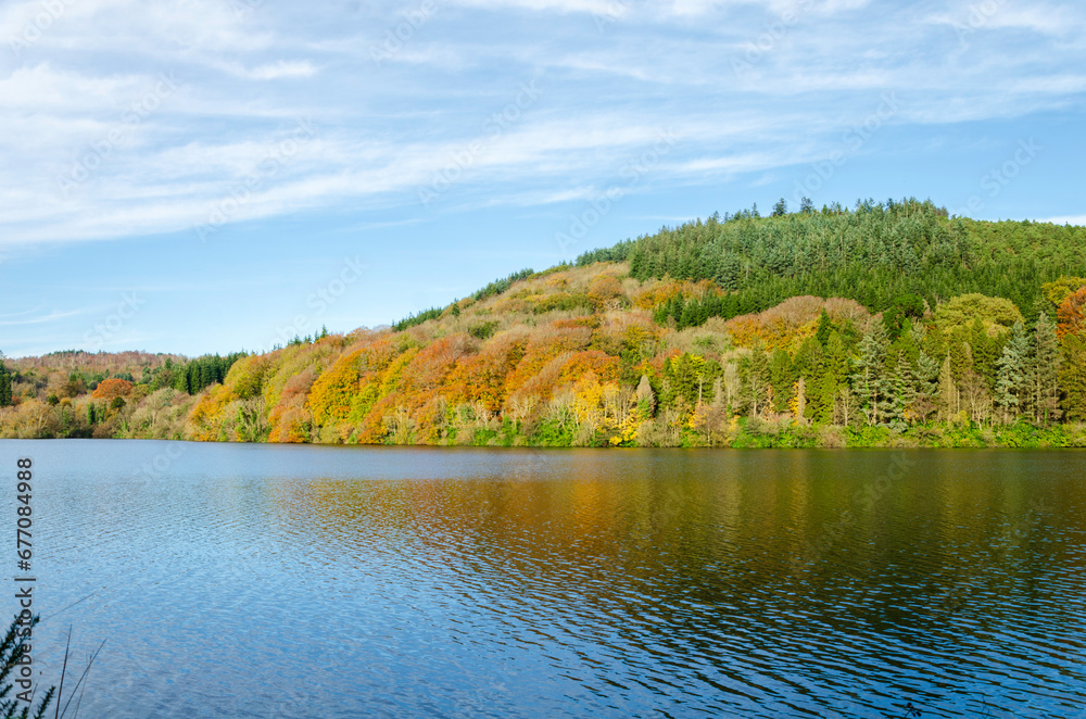 Castlewellan, County Down, Northern Ireland, tree-lined lake with Autumn colours, ideal for hiking, cycling, kayaking and family picnics