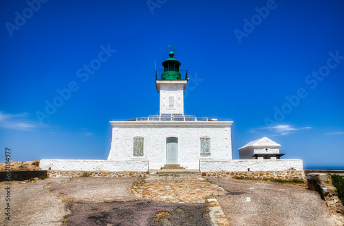 The Famous Lighthouse Phare de la Pietra on the Rocky Island Ile de de la Pietra just outside L'Ile Rousse on Corsica, France