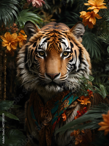 Enchanting Jungle Scene with Tiger and Floral Elements
