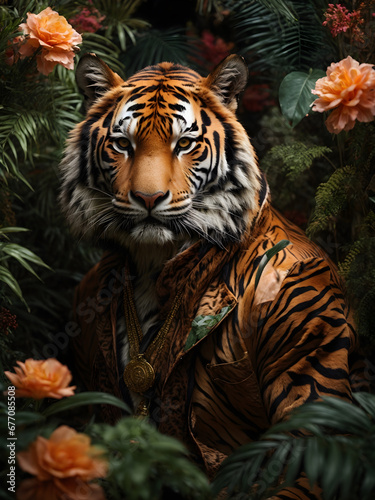 Enchanting Jungle Scene with Tiger and Floral Elements
