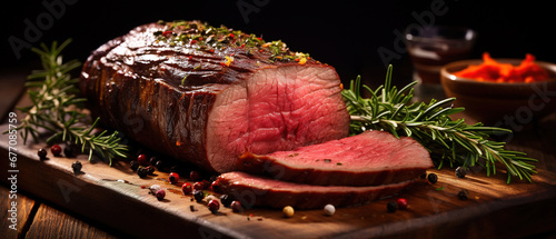 a Menue with roast beef on brown background with copy space