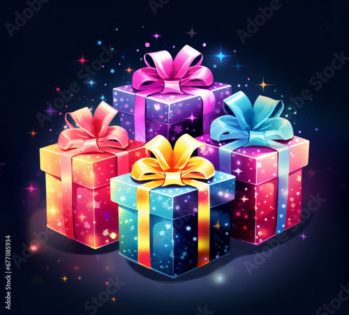 Shining, sparkling gift boxes illustration on dark