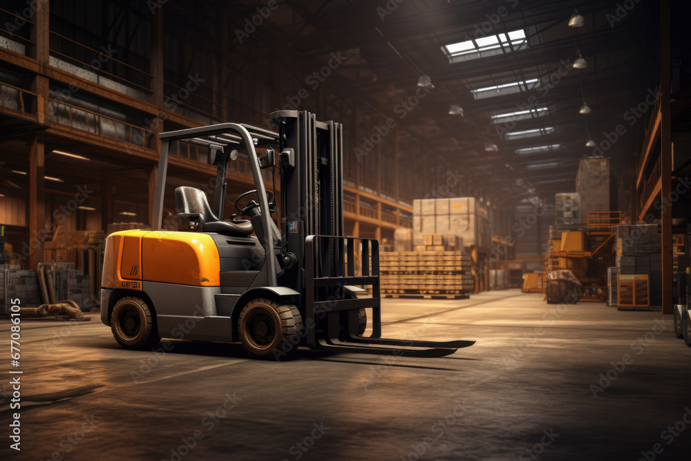 Forklift in modern automatic warehouse. Boxes are on the shelves of the warehouse. Warehousing, machinery concept. Logistics in stock.