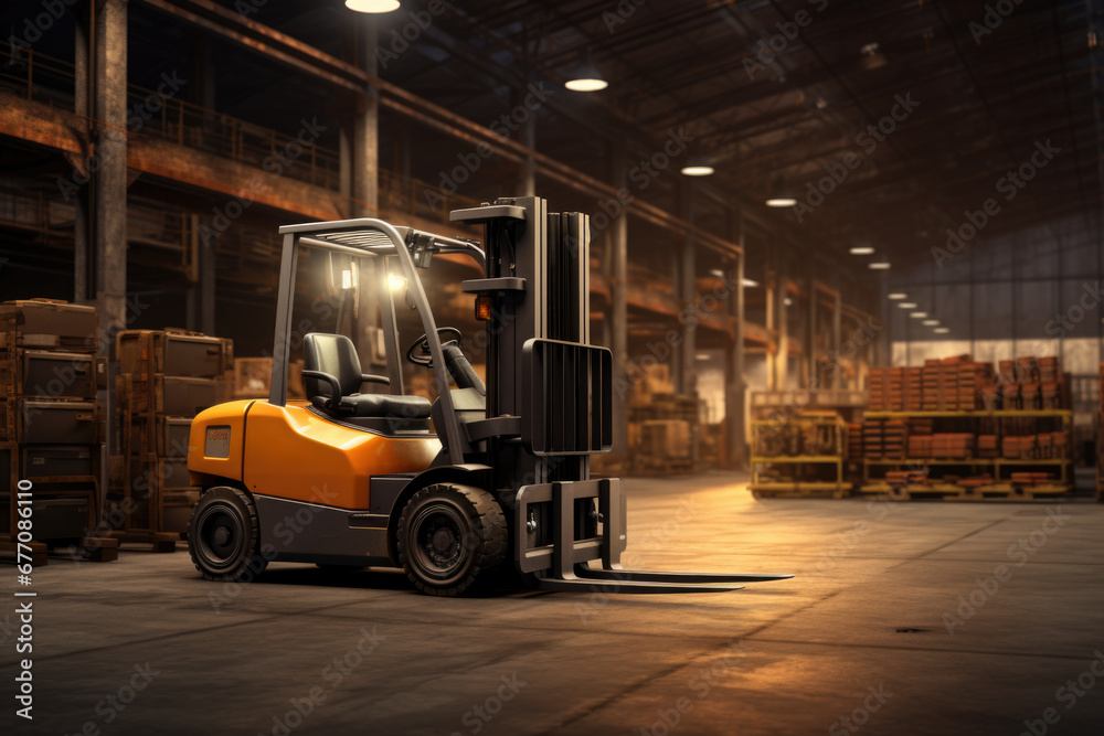 Forklift in modern automatic warehouse. Boxes are on the shelves of the warehouse. Warehousing, machinery concept. Logistics in stock. Forklift in modern automatic warehouse. Boxes are on the shelves of the warehouse. Warehousing, machinery concept. Logistics in stock.