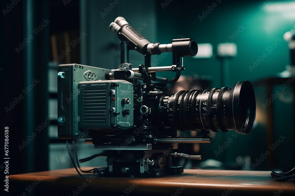 Close-up of a professional camera for filming. Filming studio