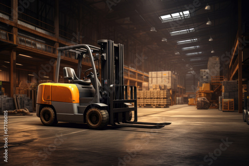 Forklift in modern automatic warehouse. Boxes are on the shelves of the warehouse. Warehousing, machinery concept. Logistics in stock.