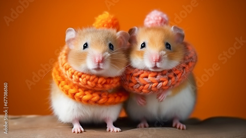 Two mice, hamsters in knitted hats, scarves on a Christmas blurred background.