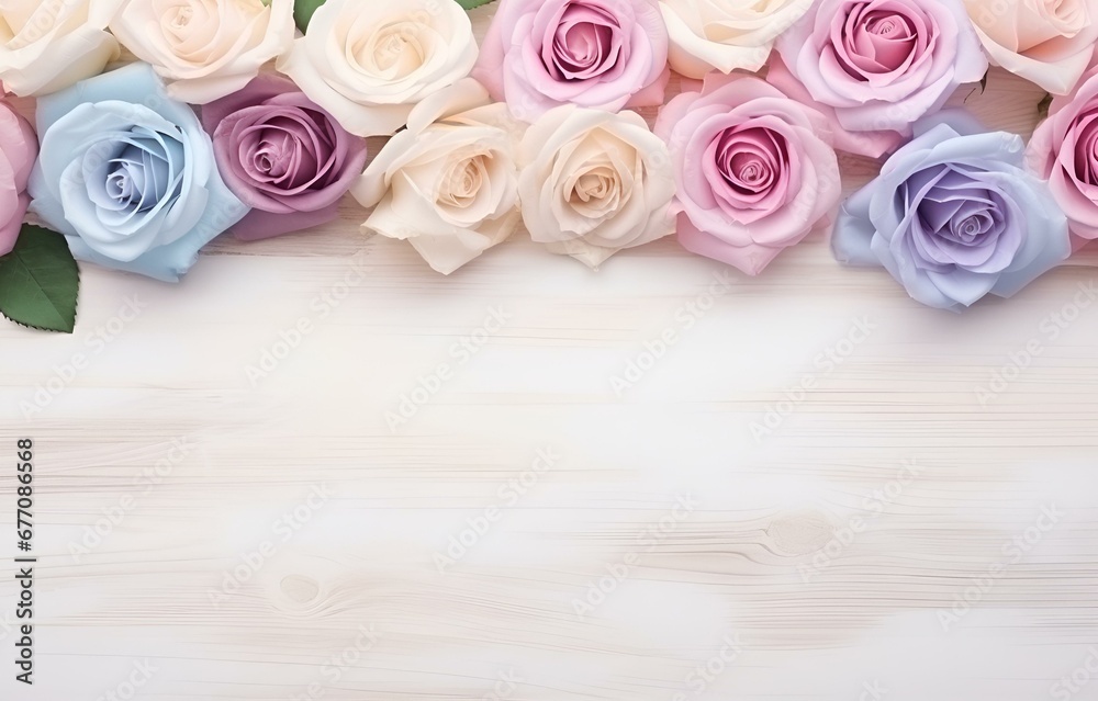 rainbow pastel rose flowers on white wooden table soft light for greeting holiday card decor rainbow pastel rose flowers on white wooden table soft light for greeting holiday card decor