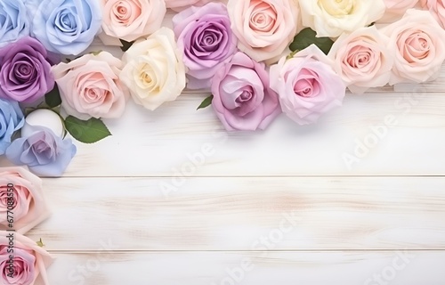 rainbow pastel rose flowers on white wooden table soft light for greeting holiday card decor