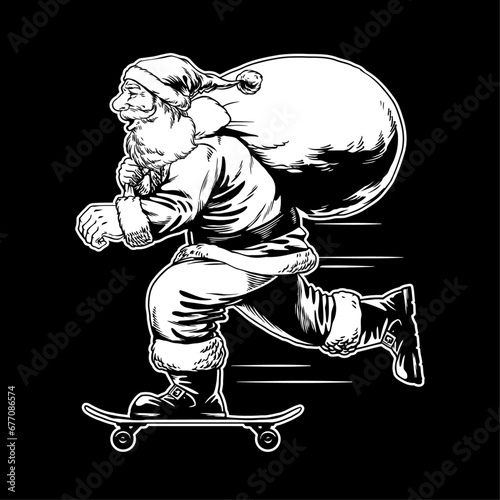 Santa Claus Riding Skateboard Carry Sack of Gift Hand Drawn Illustration