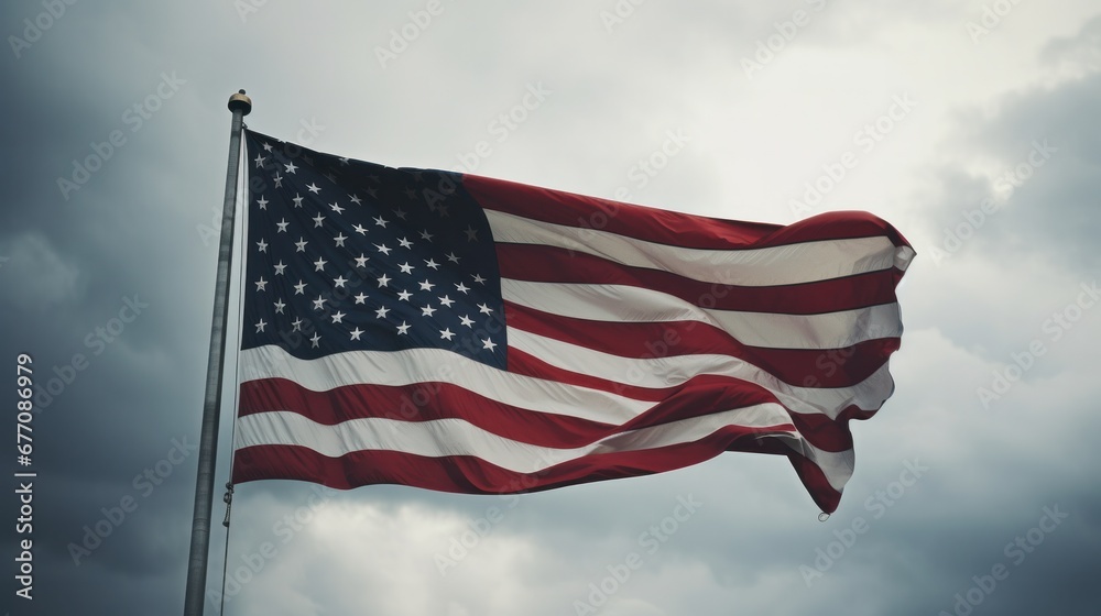 Fototapeta premium Anti-Trump Protest with American Flag Fluttering in the Wind Under Cloudy Skies