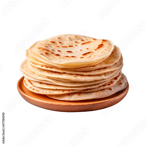 stack of pita on a wooden plate. Isolated on transparent background.